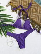 Romwe Purple Shell Detail Strappy Halter Bikini Set