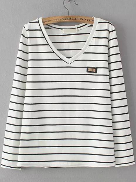 Romwe V Neck Long Sleeve Striped White T-shirt