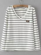 Romwe V Neck Long Sleeve Striped White T-shirt