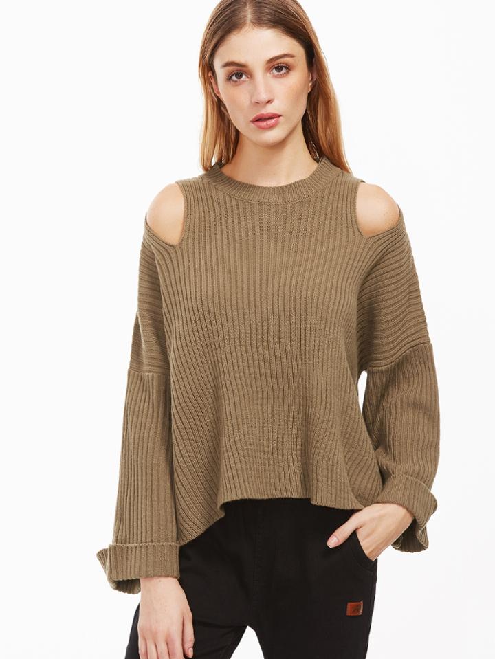 Romwe Open Shoulder High Low Slit Side Ribbed Knit Sweater