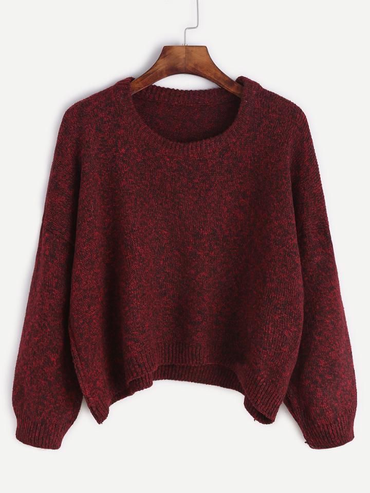 Romwe Burgundy Dropped Shoulder Seam Dip Hem Sweater
