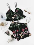 Romwe Botanical Print Lace Up Smocked Cami And Ruffle Shorts Co-ord