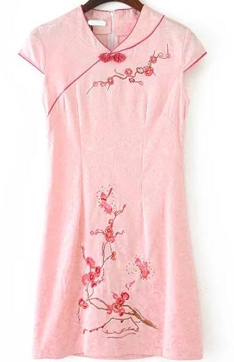 Romwe Cap Sleeve With Button Embroidered Pink Dress