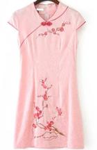 Romwe Cap Sleeve With Button Embroidered Pink Dress