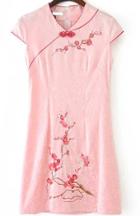 Romwe Cap Sleeve With Button Embroidered Pink Dress