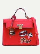 Romwe Red Pebbled Faux Leather Graffiti Print Satchel Bag