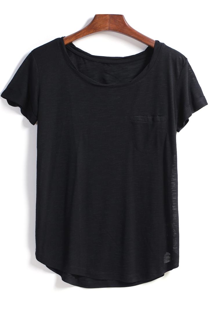 Romwe Black Short Sleeve Pocket Loose Blouse