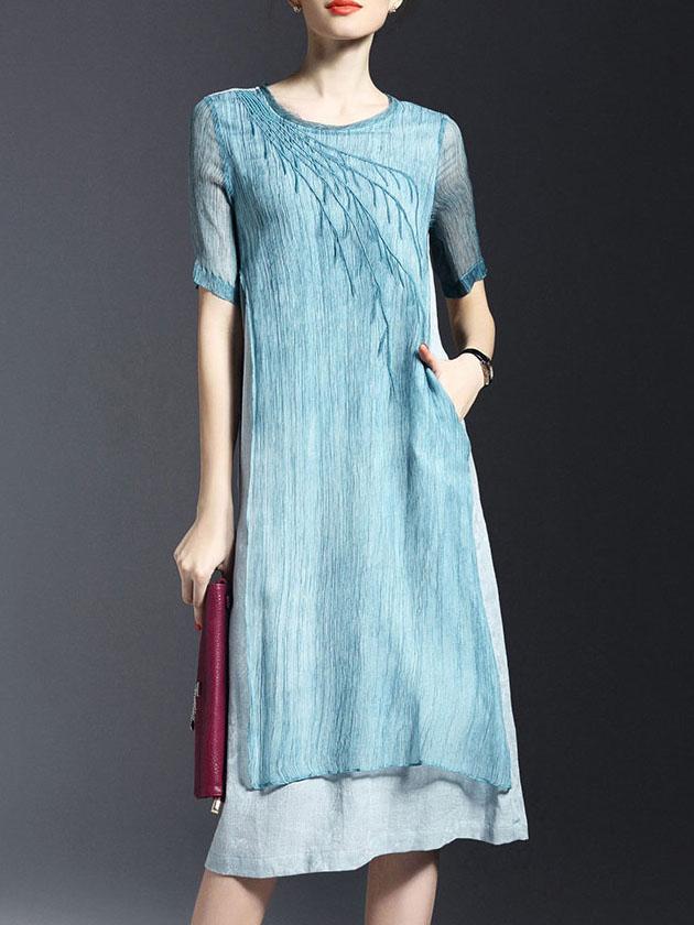 Romwe Blue Embroidered Pockets Linen Shift Dress