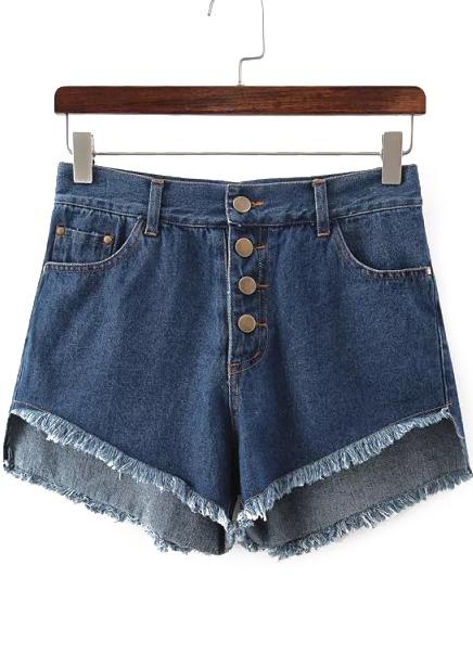Romwe High Waist Single-breasted Fringe Denim Shorts