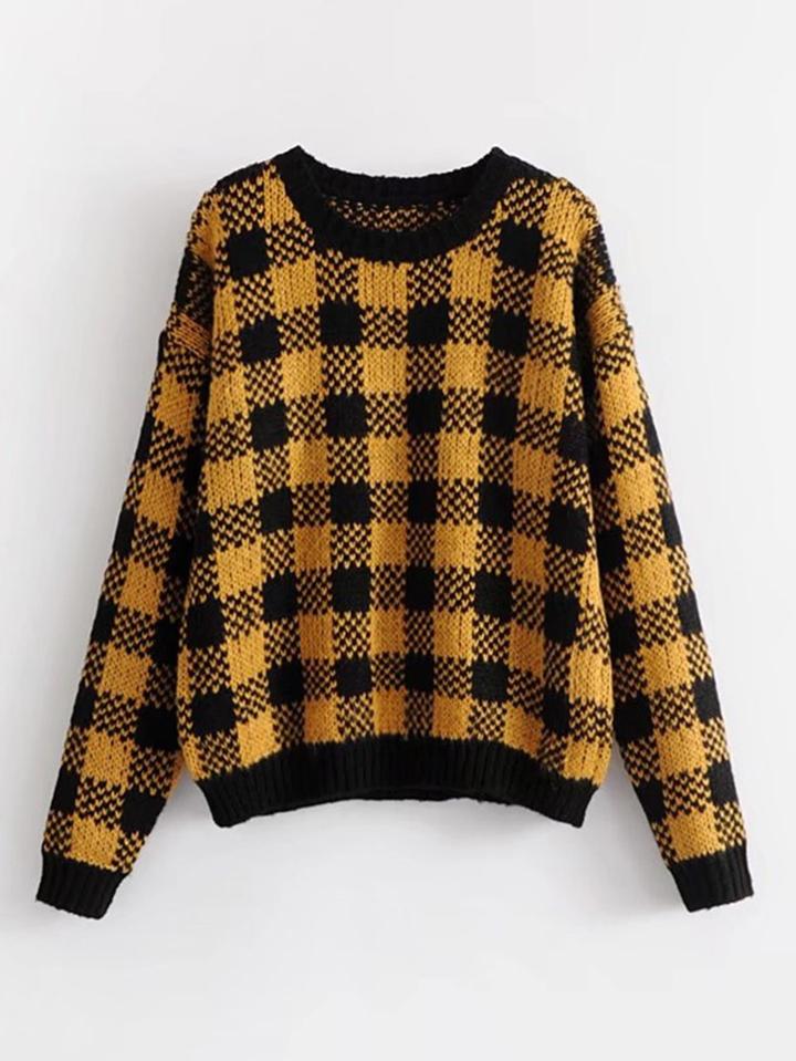 Romwe Drop Shoulder Gingham Sweater
