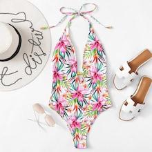 Romwe Floral Open Back Halter One Piece Monokini