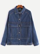 Romwe Deep Blue Raglan Sleeve Dual Pocket Front Denim Jacket