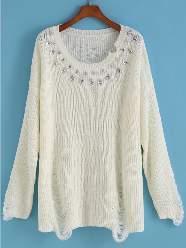 Romwe With Diamond Ripped White Sweater