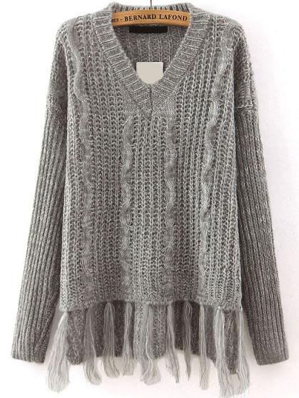 Romwe V Neck Tassel Grey Sweater