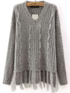 Romwe V Neck Tassel Grey Sweater