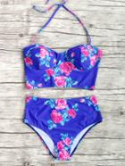 Romwe Blue Floral Print High Waist Bikini Set