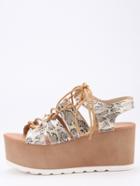 Romwe Snake Embossed Lace-up Platform Wedges- Apricot