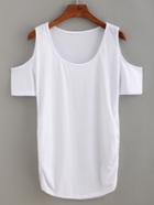 Romwe Plain Open Shoulder T-shirt - White
