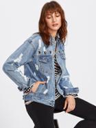 Romwe Grommet Detail Distressed Denim Jacket