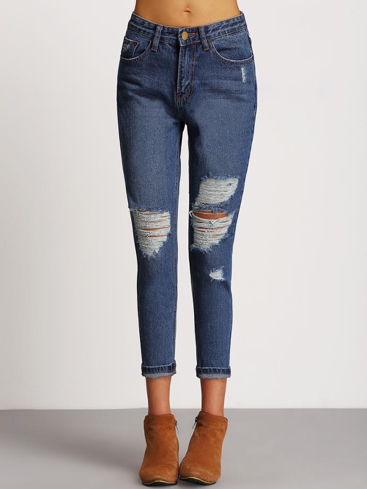 Romwe Ripped Denim Slim Blue Skirt