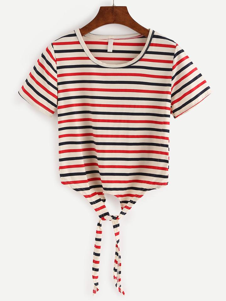 Romwe Tie-front Multicolor Striped Crop T-shirt