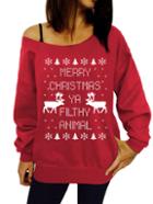 Romwe Scoop Neck Christmas Deer Print Casual Red Sweatshirt