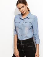 Romwe Blue Long Sleeve Pockets Denim Shirt
