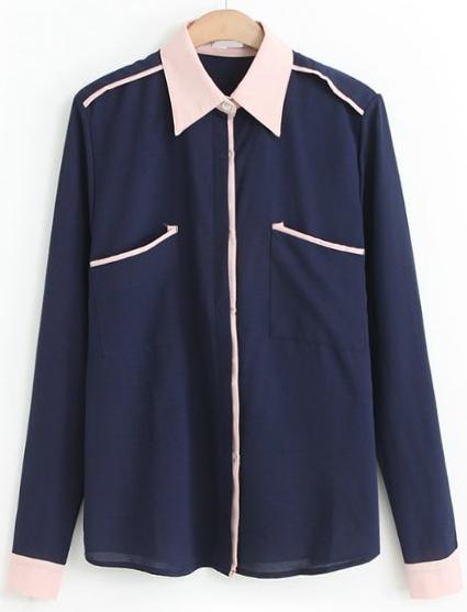 Romwe Contrast Lapel Chiffon Navy Blouse