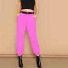 Romwe Neon Pink Elastic Hem Pants With Push Buckle Belt