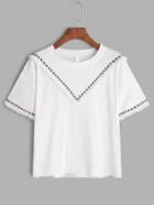 Romwe White Embroidered Tape Detail  Fringe T-shirt