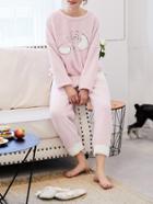 Romwe Cat Embroidered Plush Pullover & Pants Pj Set