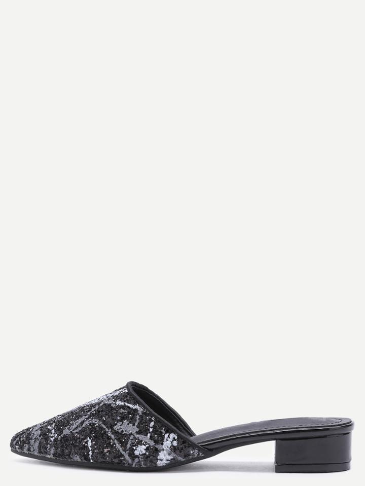 Romwe Black Sequin Embellished Point Toe Slipper Heels