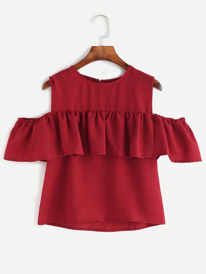Romwe Burgundy Open Shoulder Ruffle Top