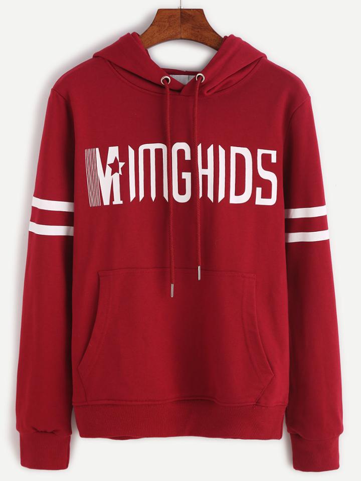 Romwe Burgundy Varsity Striped Letter Print Hooded Sweatshirt