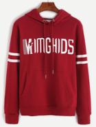 Romwe Burgundy Varsity Striped Letter Print Hooded Sweatshirt