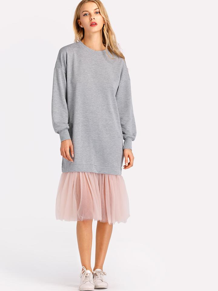 Romwe Contrast Mesh Hem Marled Sweatshirt Dress