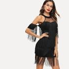 Romwe Mesh Insert Cold Shoulder Tiered Fringe Embellished Dress