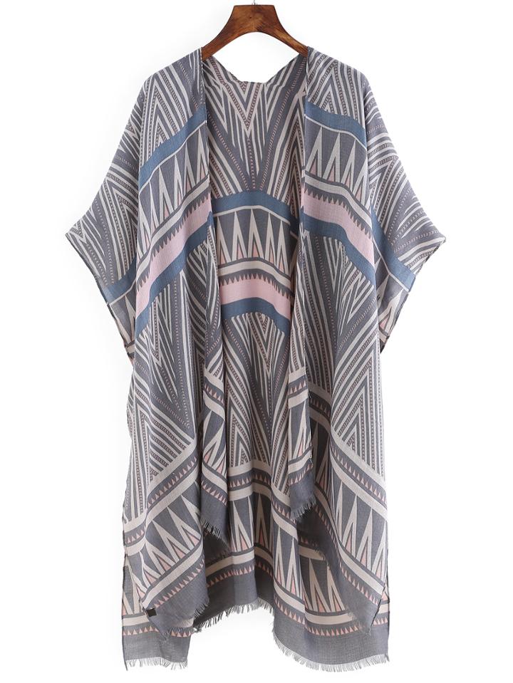Romwe Geo Print Frayed Hem Open Front Blouse