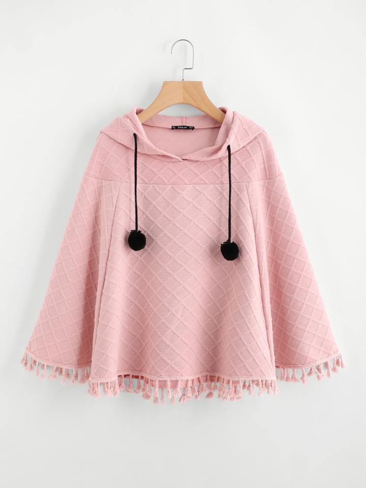 Romwe Tasseled Hem Pom Pom Drawstring Textured Hoodie