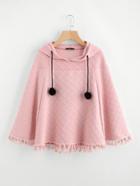 Romwe Tasseled Hem Pom Pom Drawstring Textured Hoodie