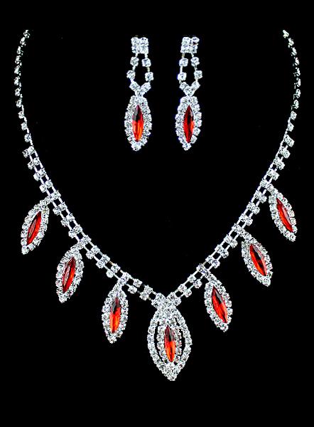 Romwe Red Gemstone Silver Diamond Necklace With Earrings
