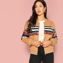 Romwe Zip Up Contrast Sequin Bomber Jacket