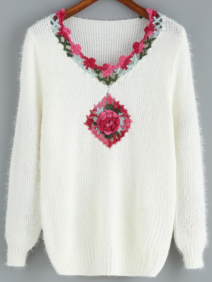 Romwe Flower Crochet Fuzzy White Sweater