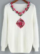 Romwe Flower Crochet Fuzzy White Sweater