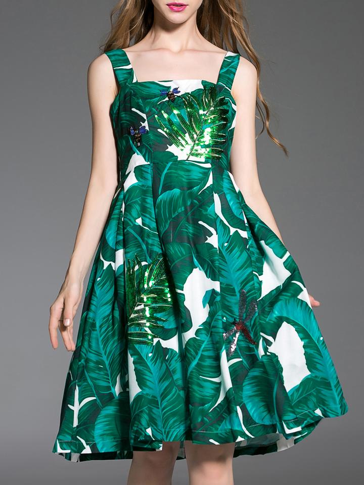 Romwe Green Strap Dragonfly Beading Leaves Print Dress