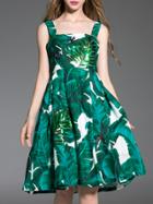 Romwe Green Strap Dragonfly Beading Leaves Print Dress