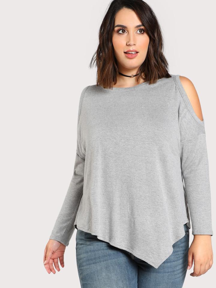 Romwe Open Shoulder Asymmetric Hem T-shirt