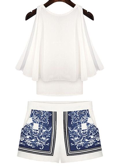 Romwe Sleeveless Chiffon Tank Top With Print Shorts