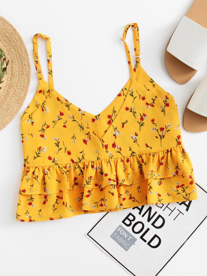 Romwe Calico Print Ruffle Hem Cami Top