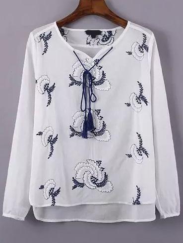 Romwe Dip Hem Lace Up Embroidered Blouse